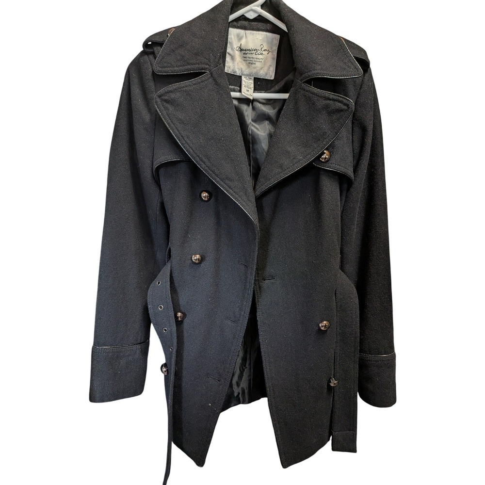 American Rag Cie Womens Black Wool Blend Double Breasted Belted Trench Coat M